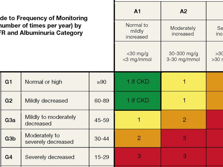 GFR and albuminuria grid to reflect the risk of progression by intensity of coloring GFR and albuminuria grid to reflect the risk of progression by intensity of coloring
