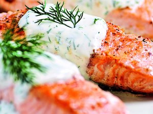 Gebratener Lachs mit Joghurtsauce und Dill